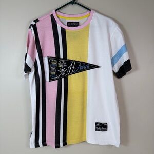 DENIM DISTILLERY Heritage Mens LG Colorblock Pennant T Shirt Baseball 1776 Skull